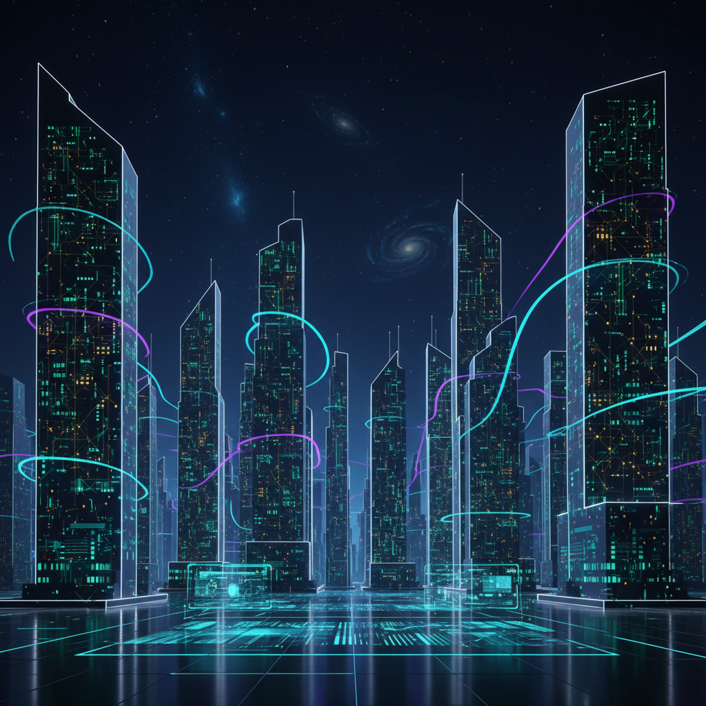 An intricate digital-art cityscape at night symbolizing global ad supply, with stylized skyscrapers resembling vertical data bars, some echoing Dubai’s iconic architecture in a subtle, abstract way. Each building surface displays glowing patterns of nodes and connections, indicating premium publisher inventory and brand-safe channels. Streams of light weave between towers like ad bids traveling in real time, in vibrant cyan and electric violet against a dark indigo sky. Soft, ambient rim lighting outlines each structure, while the foreground shows a polished platform with holographic grids suggesting targeting controls. The mood is energetic yet controlled, with a wide-angle composition, deep depth of field, and a modern, technology-forward aesthetic.