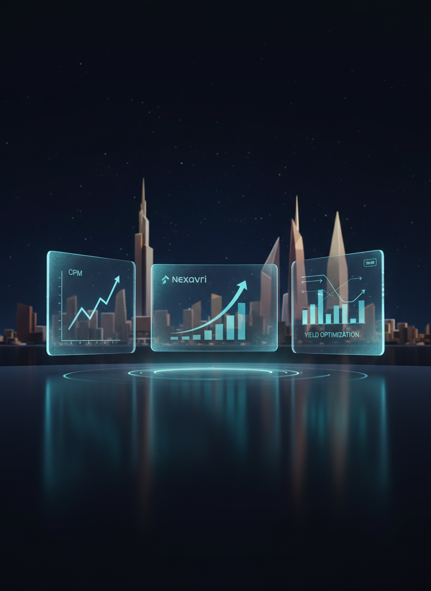 A sleek, abstract digital dashboard representing Nexavri’s ad tech platform, composed of luminous translucent panels floating in a deep navy space. Each panel shows stylized, icon-like depictions of rising CPM graphs, bid curves, and yield optimization charts without any readable text. Geometric shapes symbolize Dubai’s skyline in the distance, subtly suggested through angular towers and desert tones. Cool blue and teal light emanates from the data panels, casting soft reflections on a glossy, dark surface below. The composition is wide and cinematic, with a slightly elevated angle and sharp focus throughout. The mood is professional, futuristic, and confident, rendered in clean, high-end digital art with smooth gradients and precise lines.